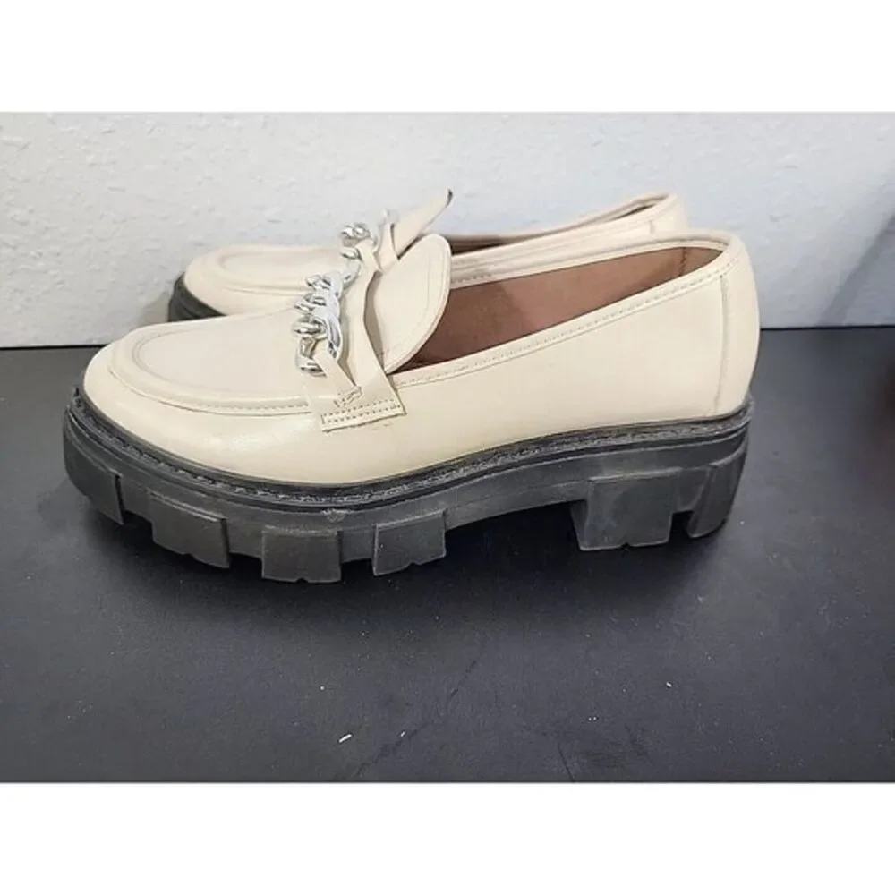 NOBO Chunky Heel Platform Oxford Shoes Cream Silver Chain Slip On Shoes Size 7‎